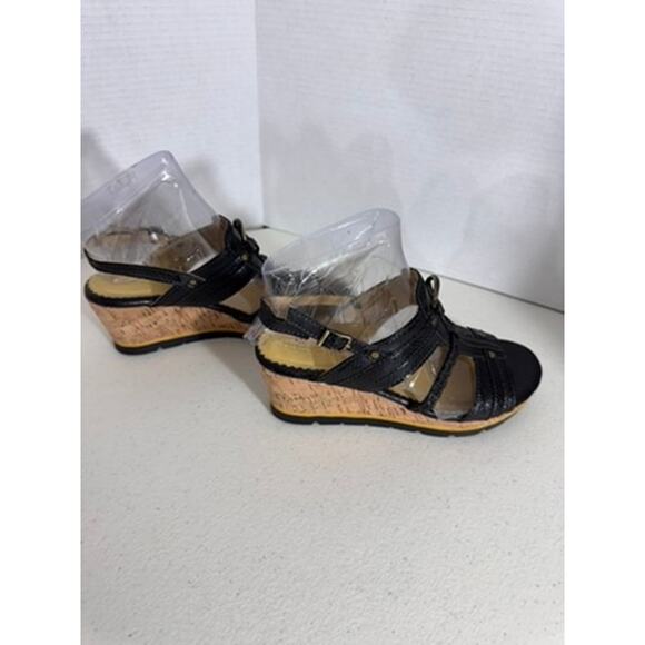 "BUSSOLA" Black Wedge Summer Sandals Strappy Metal Accents Size 7.5 (38) Cork - Picture 5 of 9